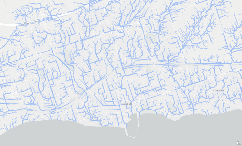 A screenshot of flowpaths layer from ArcGIS Pro